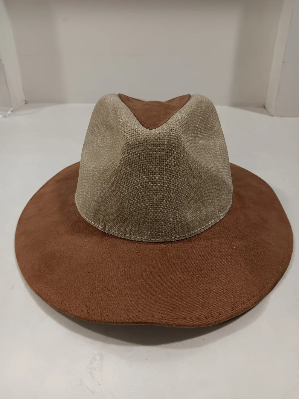 Two-Tone Brown and Beige Wide-Brim Fedora Hat
